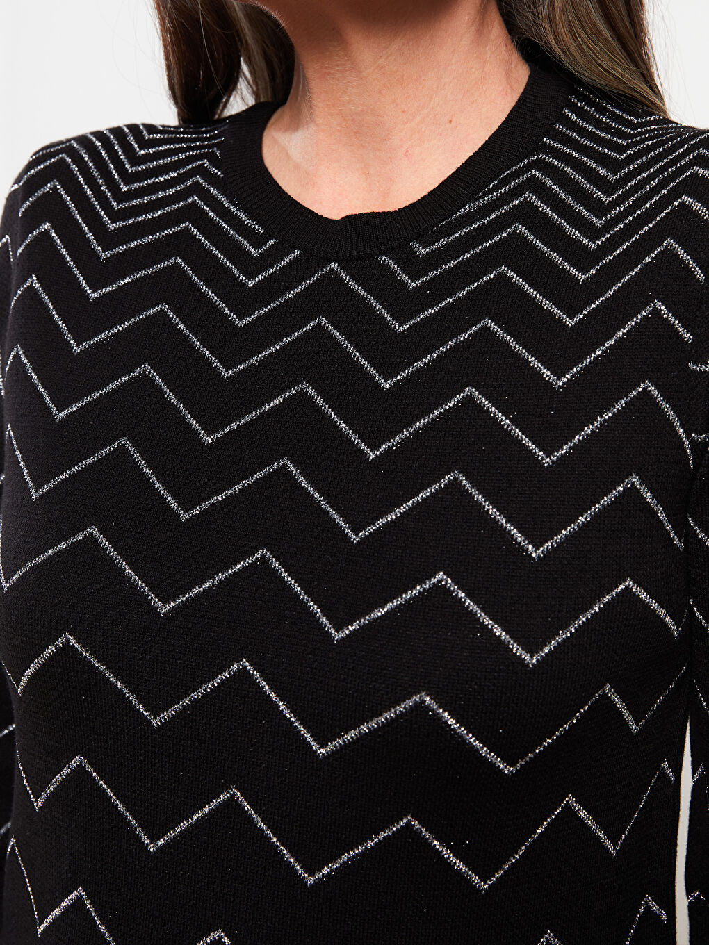 Crew Neck Patterned Long Sleeve Women's Knitwear Sweater -W25543Z8-CVL