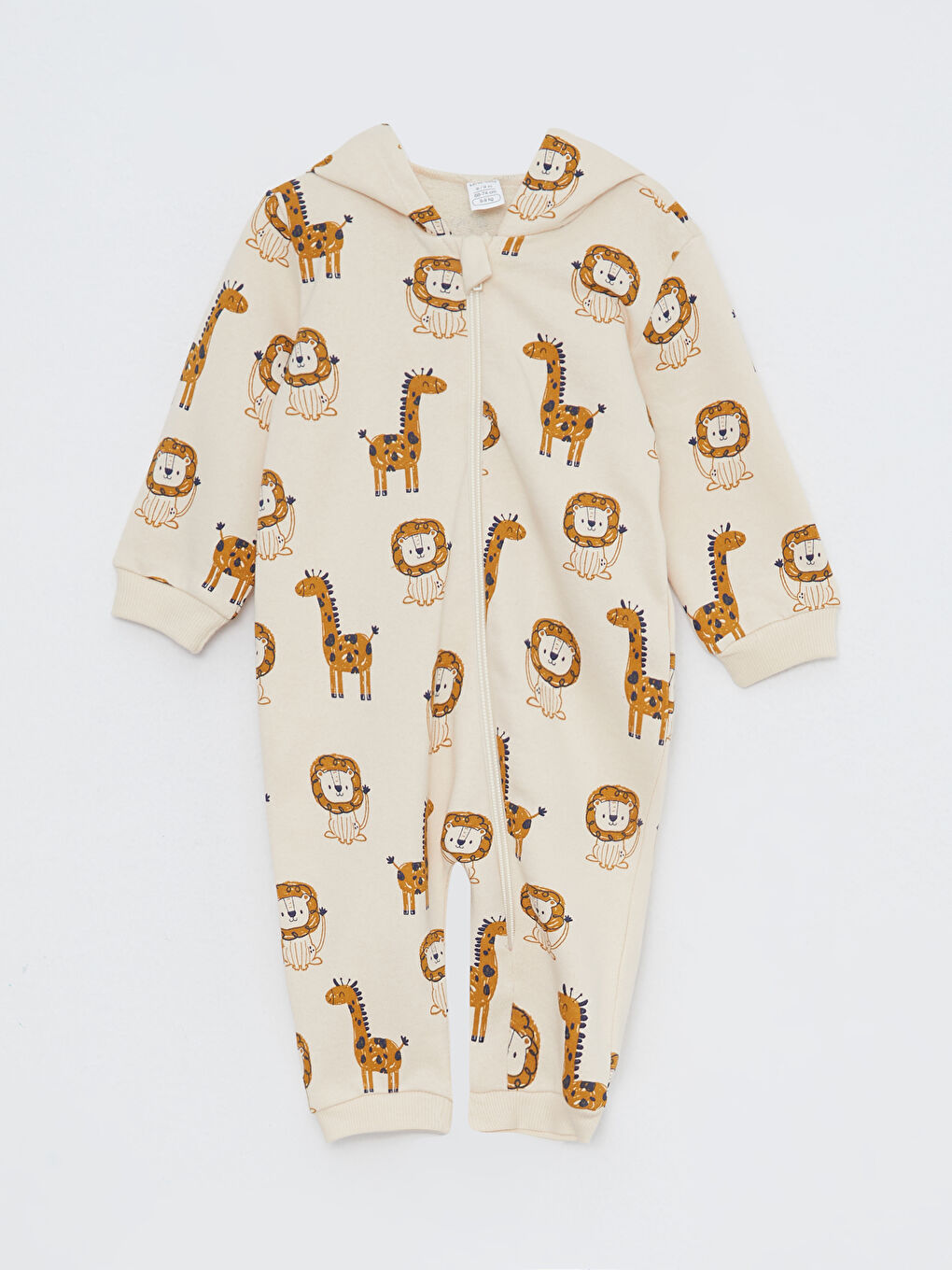 Bej Kapüşonlu Uzun Kollu Baskılı Pamuklu Erkek Bebek Tulum