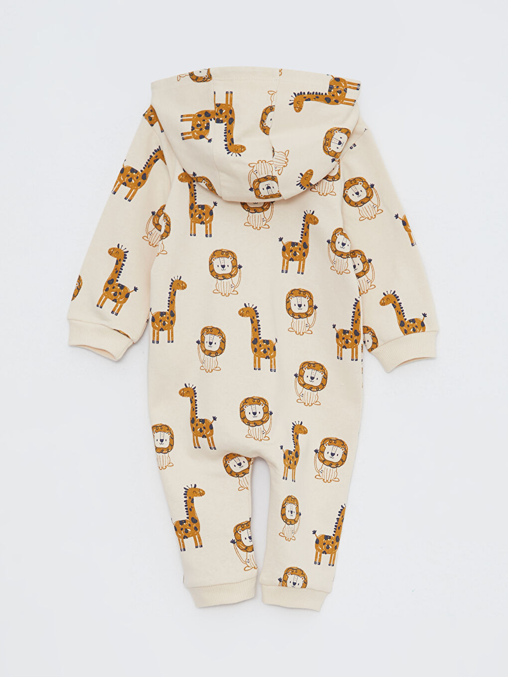 Bej Kapüşonlu Uzun Kollu Baskılı Pamuklu Erkek Bebek Tulum-1