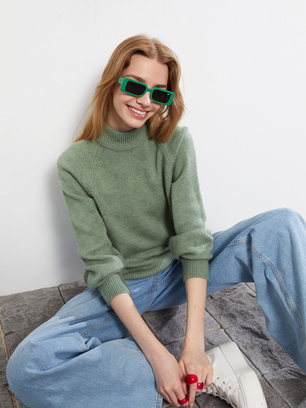 Yeşil Yarım Balıkçı Yaka Kadın Triko Kazak