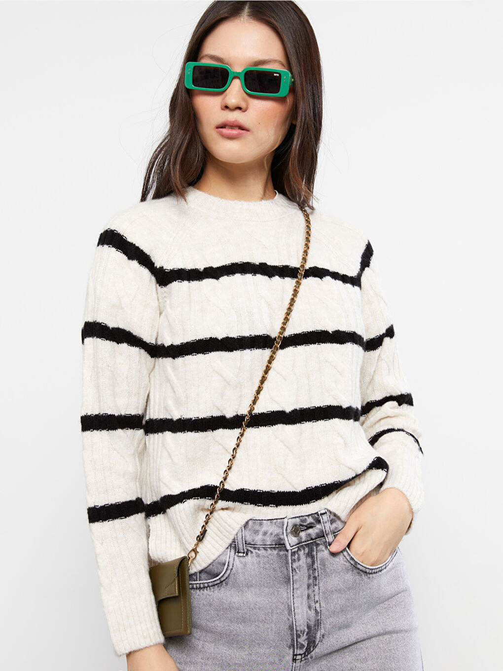 سترة تريكو كم طويل مخطط كول مدور نساء-1