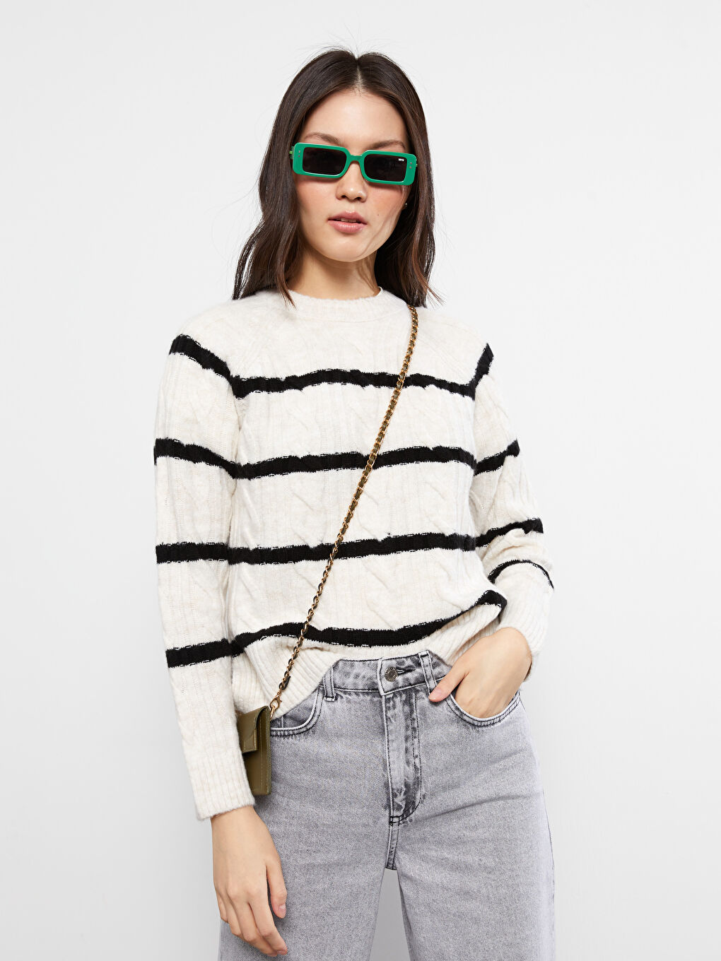 سترة تريكو كم طويل مخطط كول مدور نساء-2