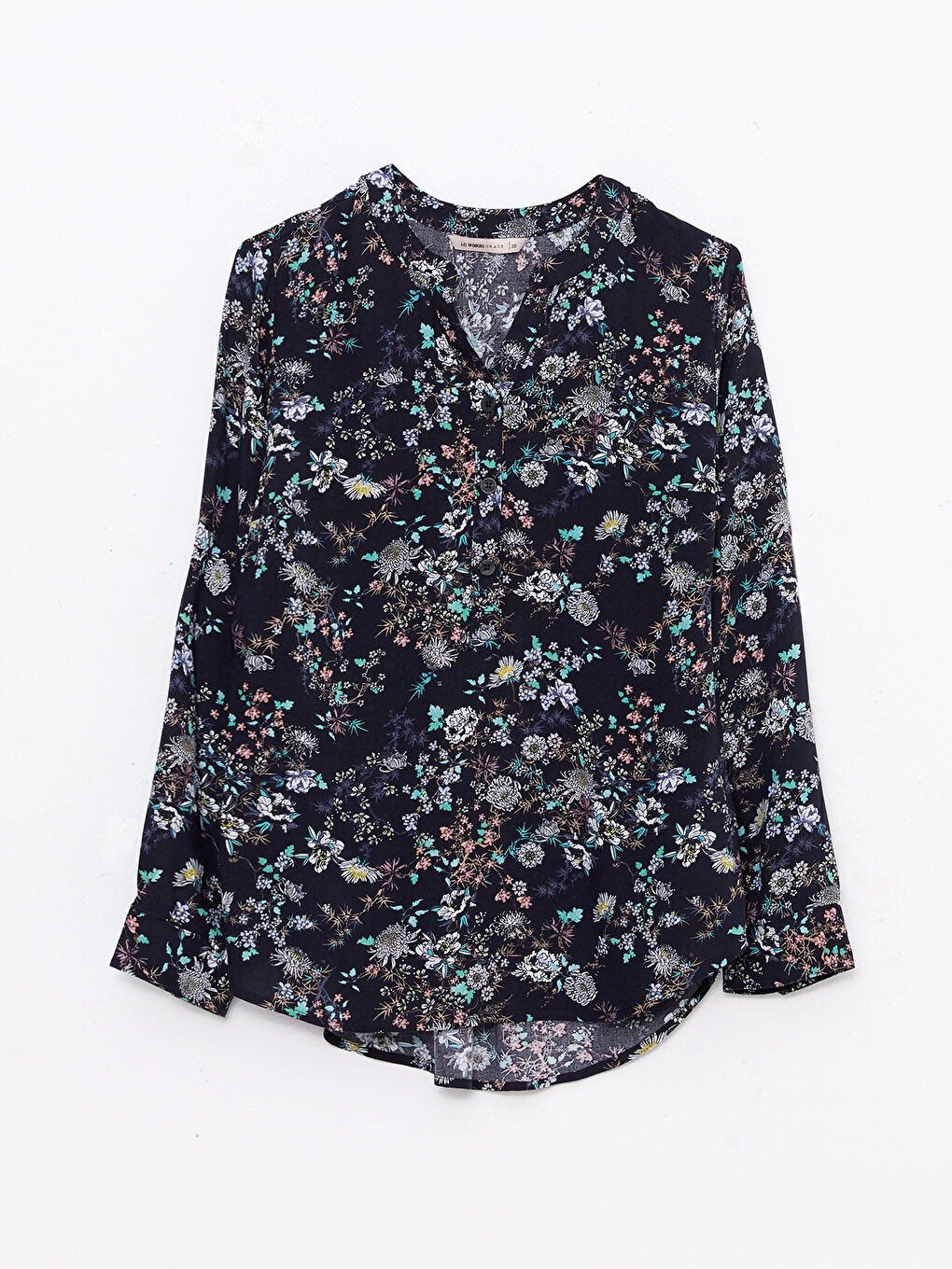 İndigo Kaçık Yaka Çiçekli Uzun Kollu Viskon Kadın Bluz-5