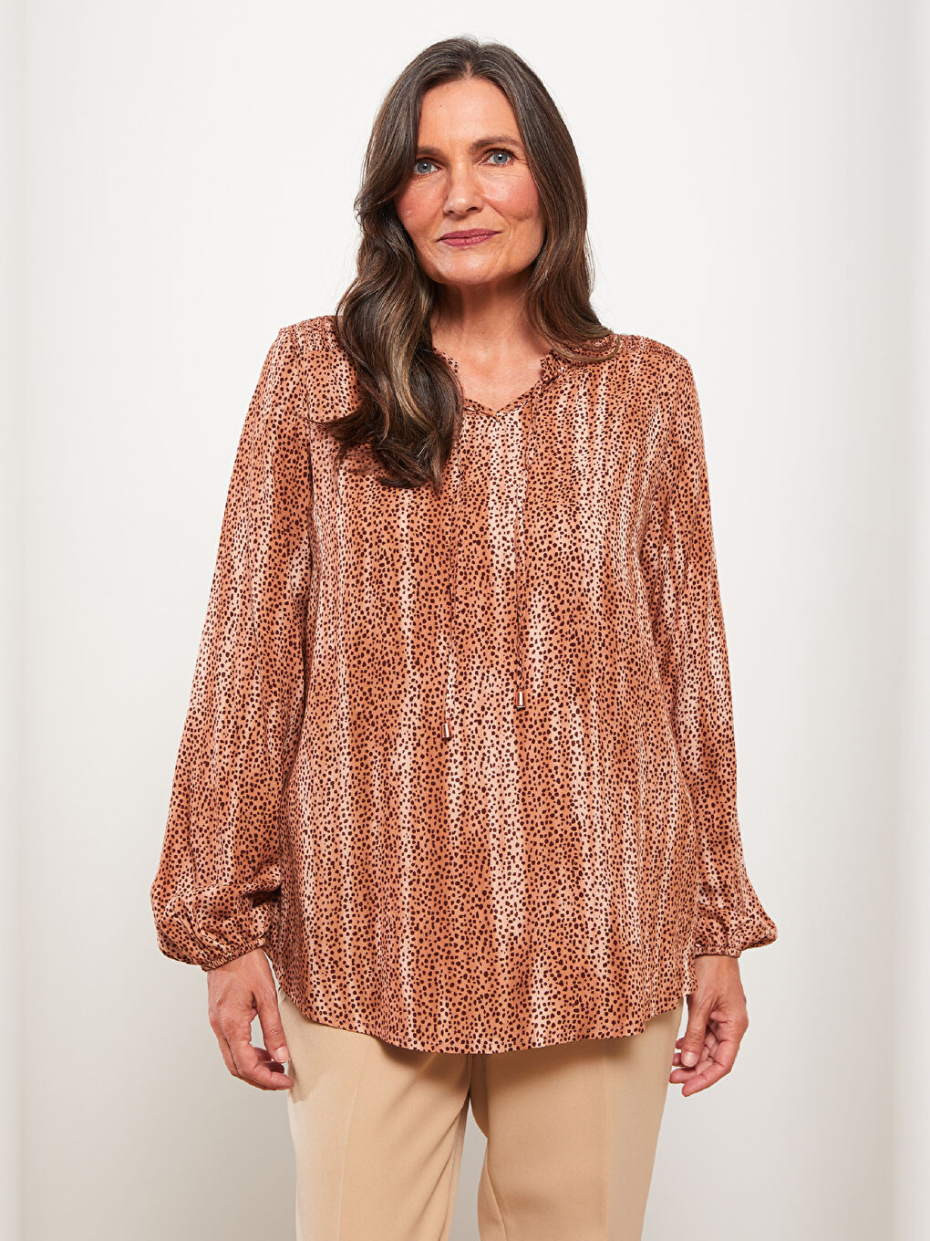 Tie Neck Patterned Long Sleeve Viscose Women's Blouse-2