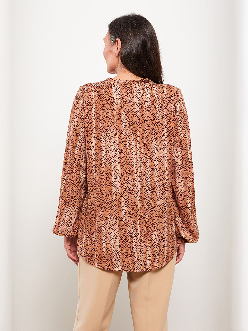 Tie Neck Patterned Long Sleeve Viscose Women's Blouse-4