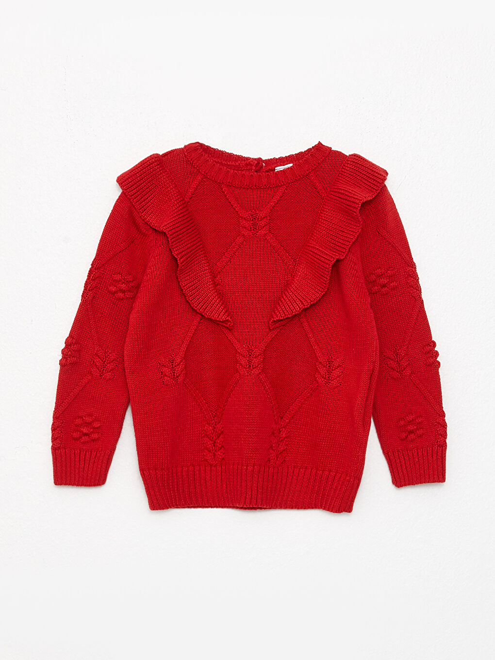 Kırmızı Bisiklet Yaka Uzun Kollu Kendinden Desenli Kız Bebek Triko Kazak