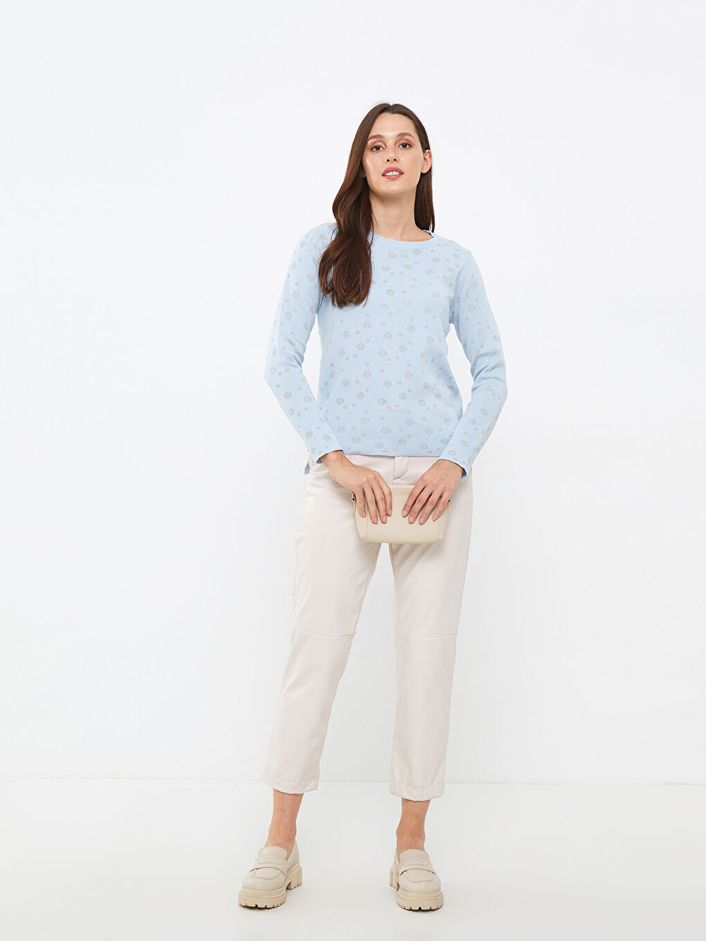 سترة ياقة دائرية كم طويل مطبوع للسيدات-1