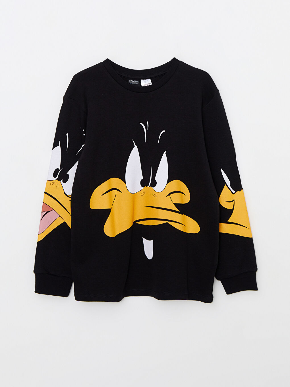 Siyah Bisiklet Yaka Daffy Duck Baskılı Uzun Kollu Erkek Çocuk Tişört