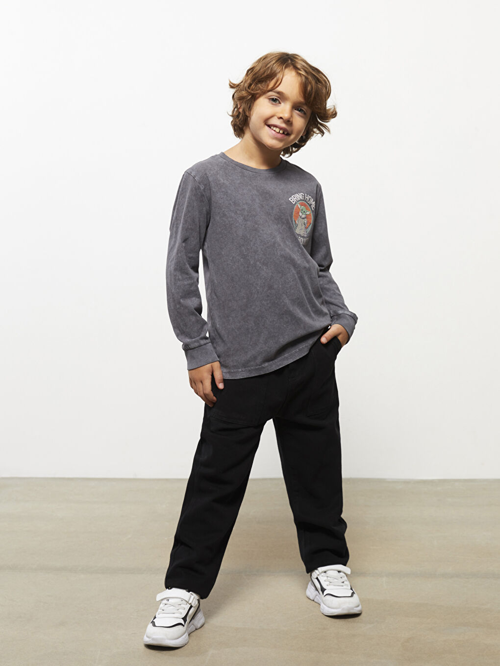 Antrasit Bisiklet Yaka Star Wars Baskılı Uzun Kollu Erkek Çocuk Tişört-2