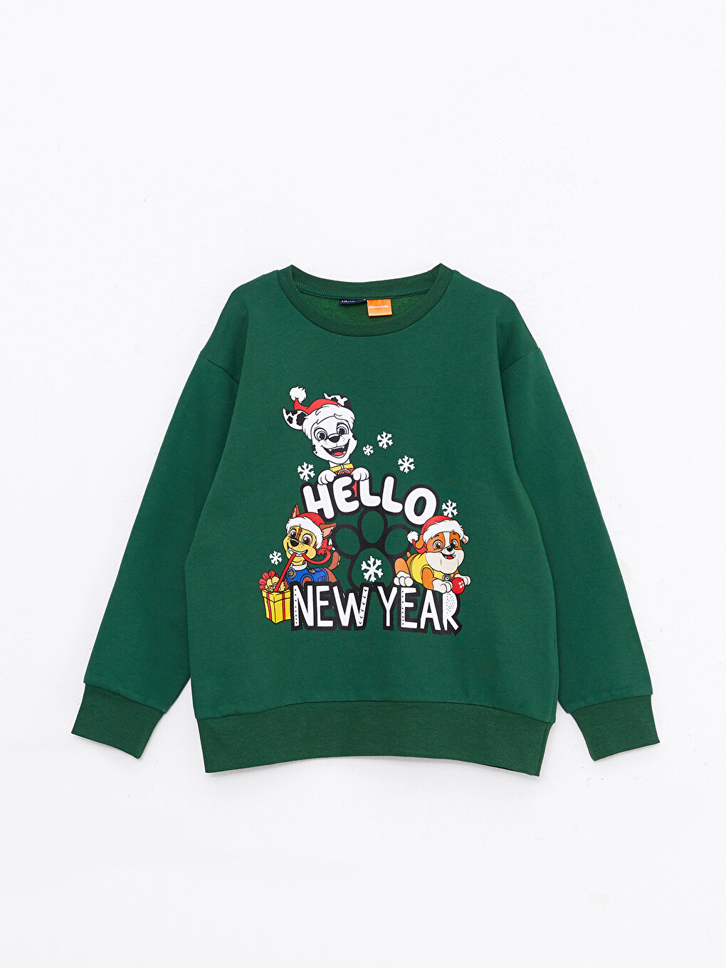 Yeşil Bisiklet Yaka Paw Patrol Baskılı Yılbaşı Temalı Uzun Kollu Erkek Çocuk Tişört