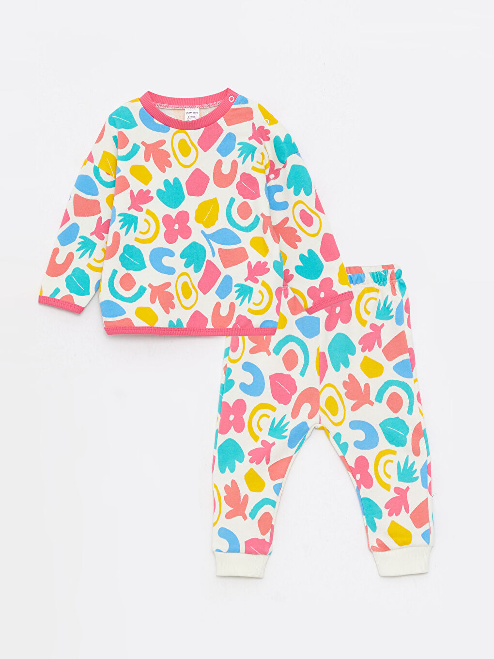 Ekru Bisiklet Yaka Uzun Kollu Baskılı Pamuklu Kız Bebek Sweatshirt ve Pantolon 2'li Takım