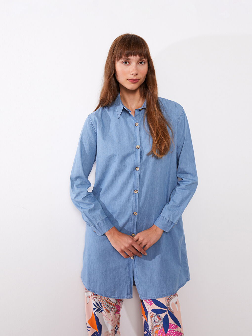 Mavi Gömlek Yaka Düz Uzun Kollu Kadın Jean Tunik