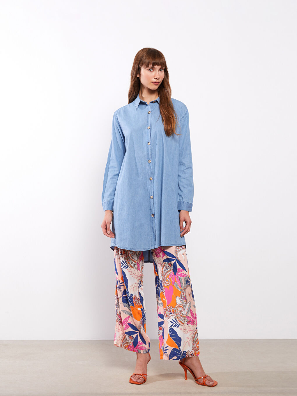 Mavi Gömlek Yaka Düz Uzun Kollu Kadın Jean Tunik-2