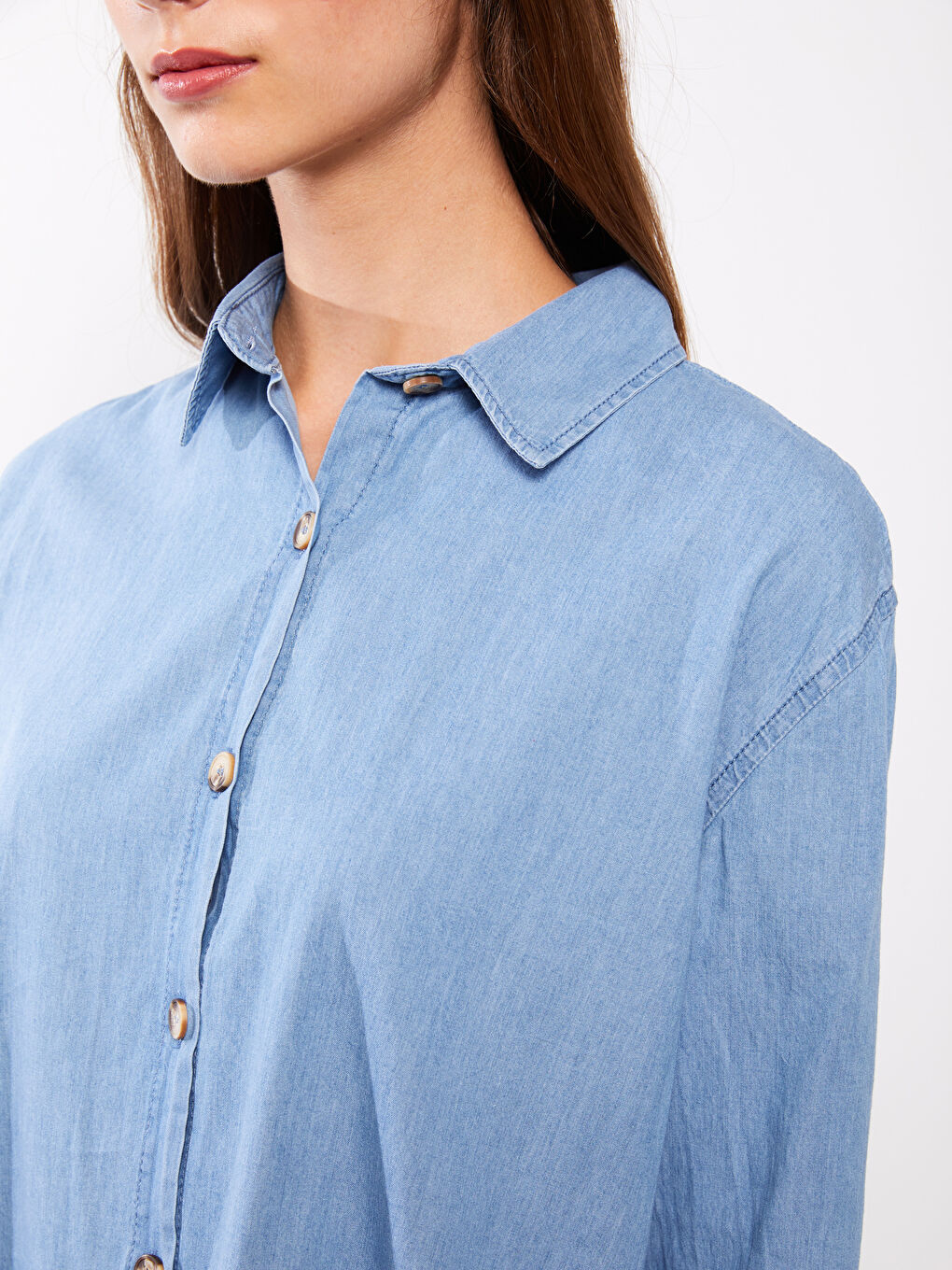 Mavi Gömlek Yaka Düz Uzun Kollu Kadın Jean Tunik-3