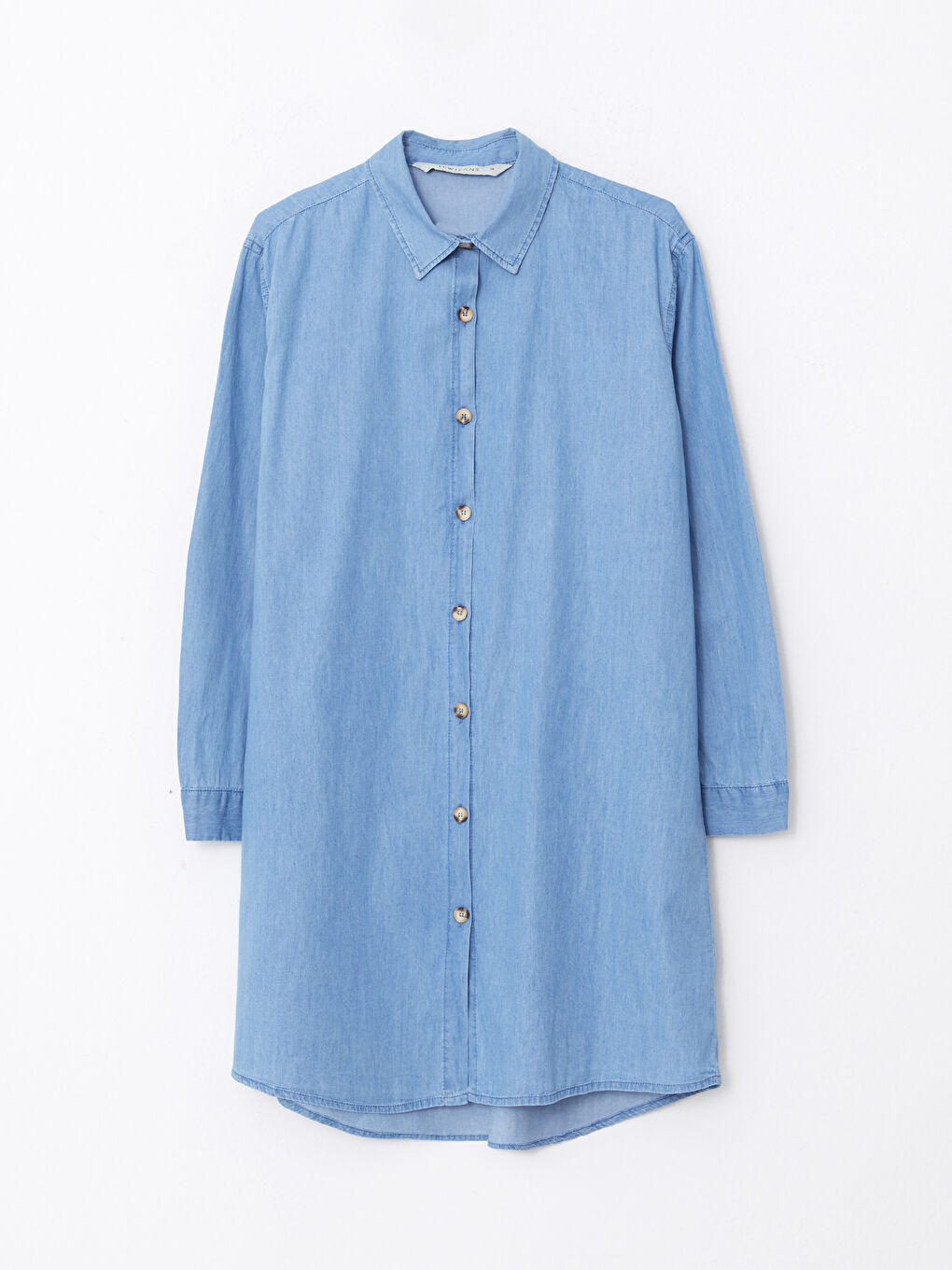 Mavi Gömlek Yaka Düz Uzun Kollu Kadın Jean Tunik-5