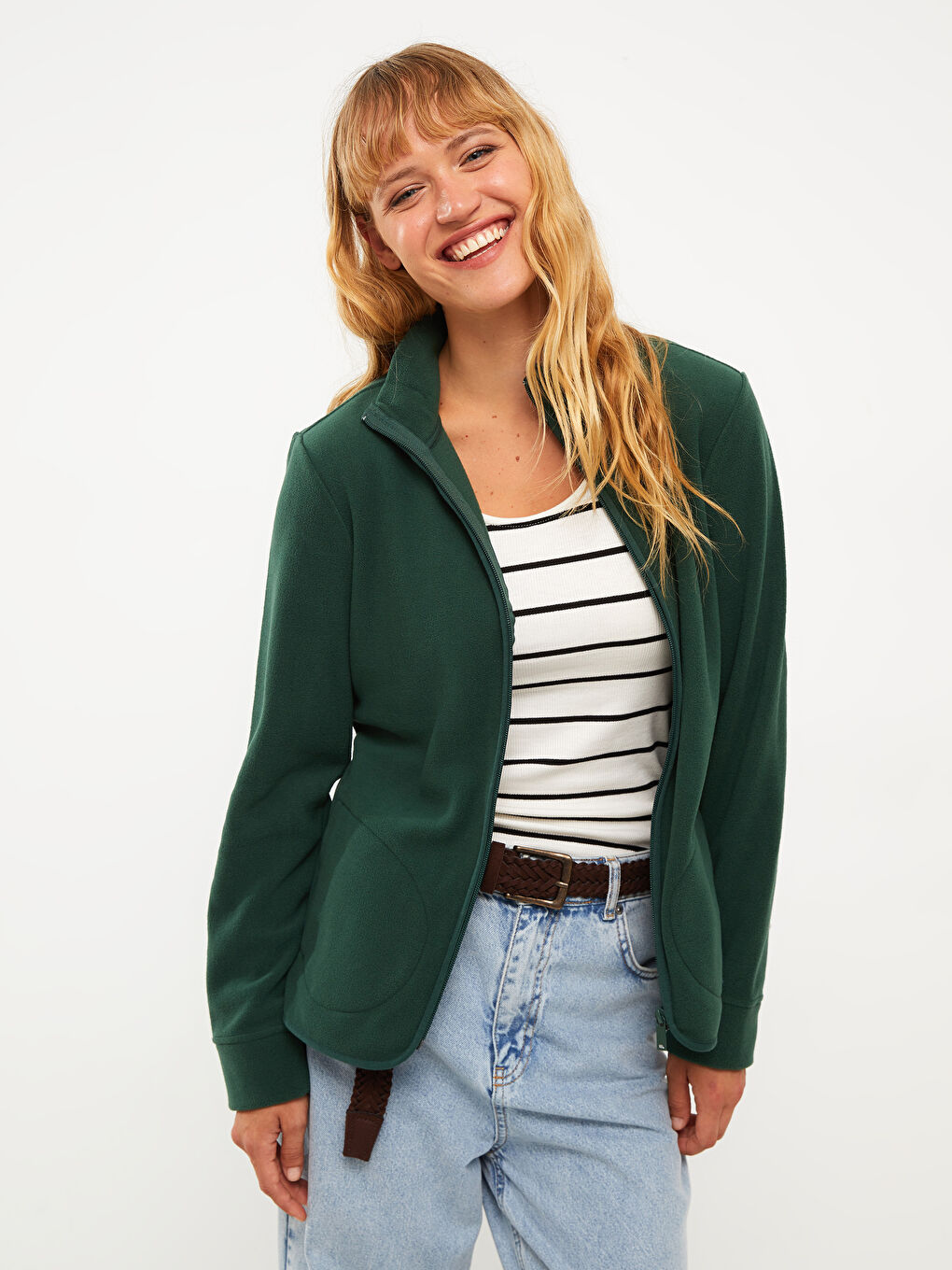 Yeşil Dik Yaka Düz Uzun Kollu Polar Kadın Spor Hırka-1