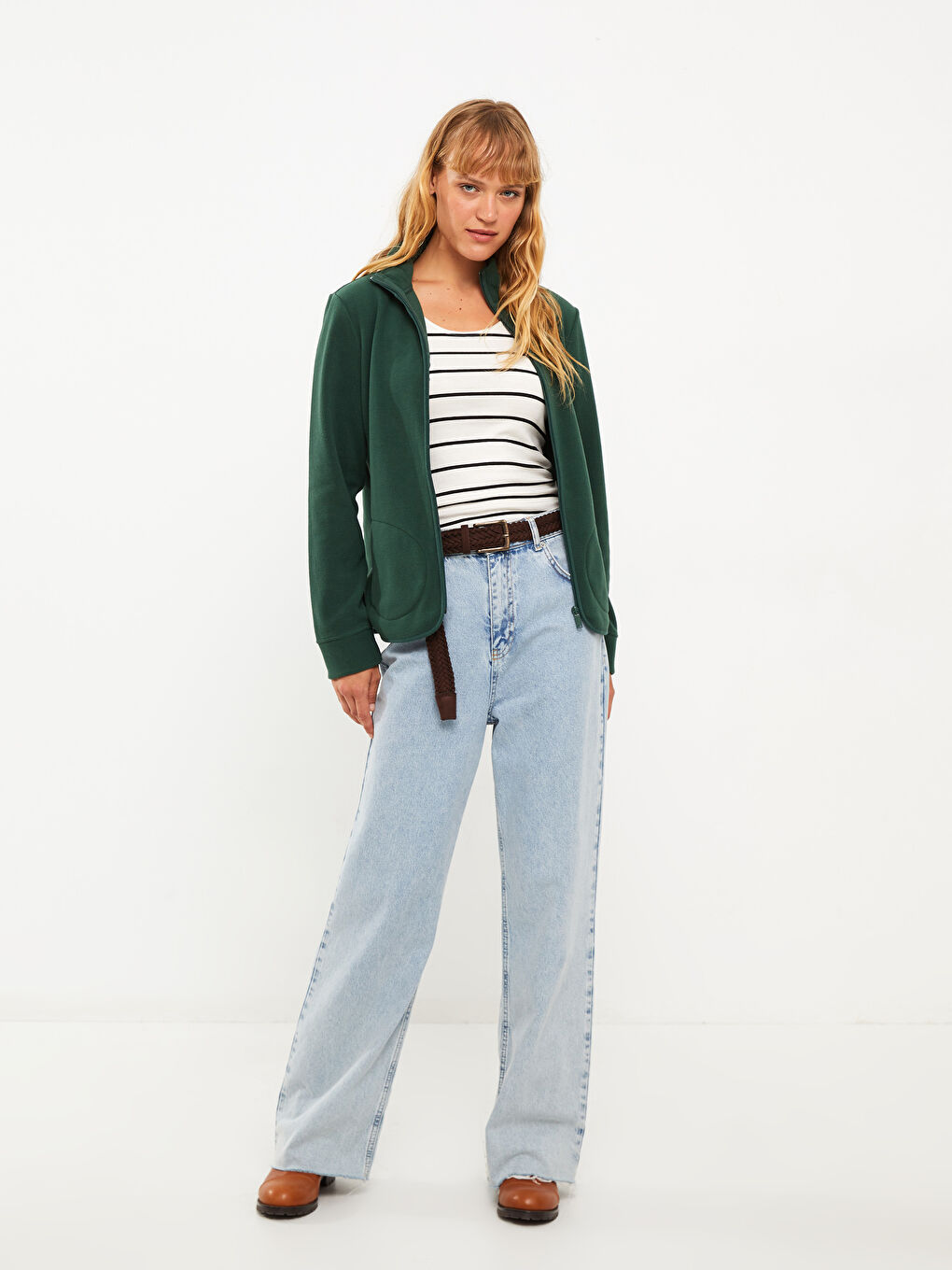 Yeşil Dik Yaka Düz Uzun Kollu Polar Kadın Spor Hırka-2