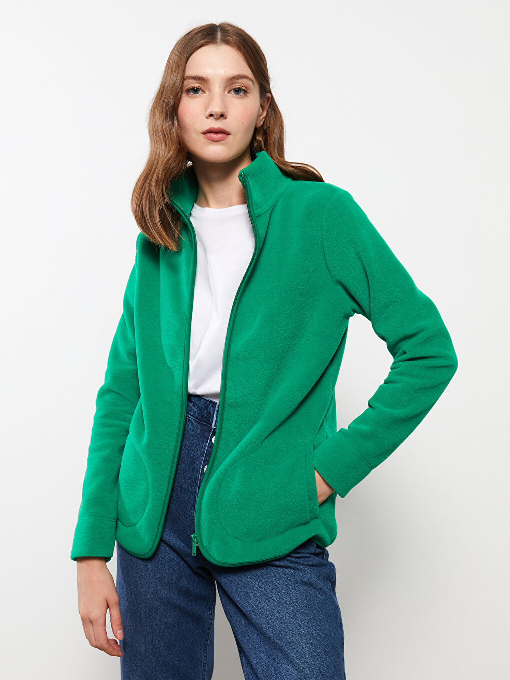 Turtle Neck Regular Long Sleeve Fleece Women's Sports Cardigan-1