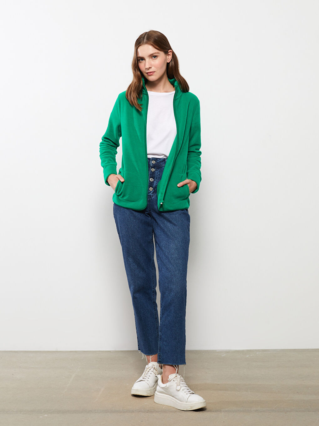 Turtle Neck Regular Long Sleeve Fleece Women's Sports Cardigan-3