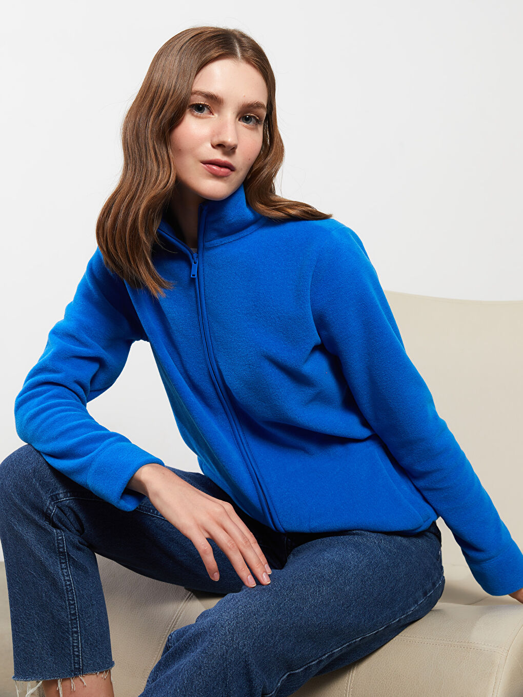 Mavi Dik Yaka Düz Uzun Kollu Polar Kadın Spor Hırka