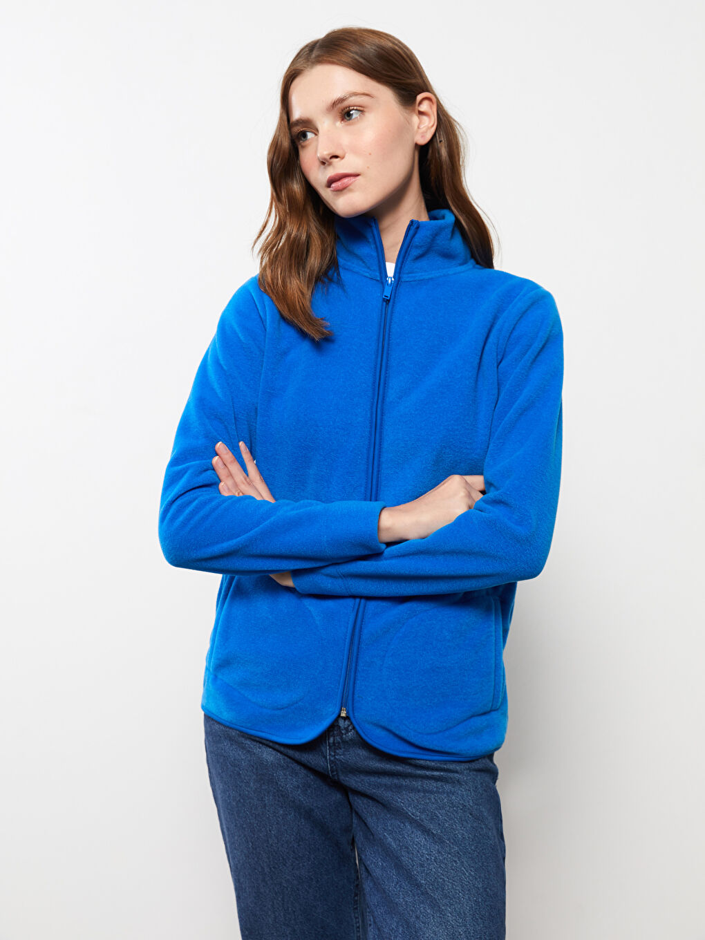 Mavi Dik Yaka Düz Uzun Kollu Polar Kadın Spor Hırka-1