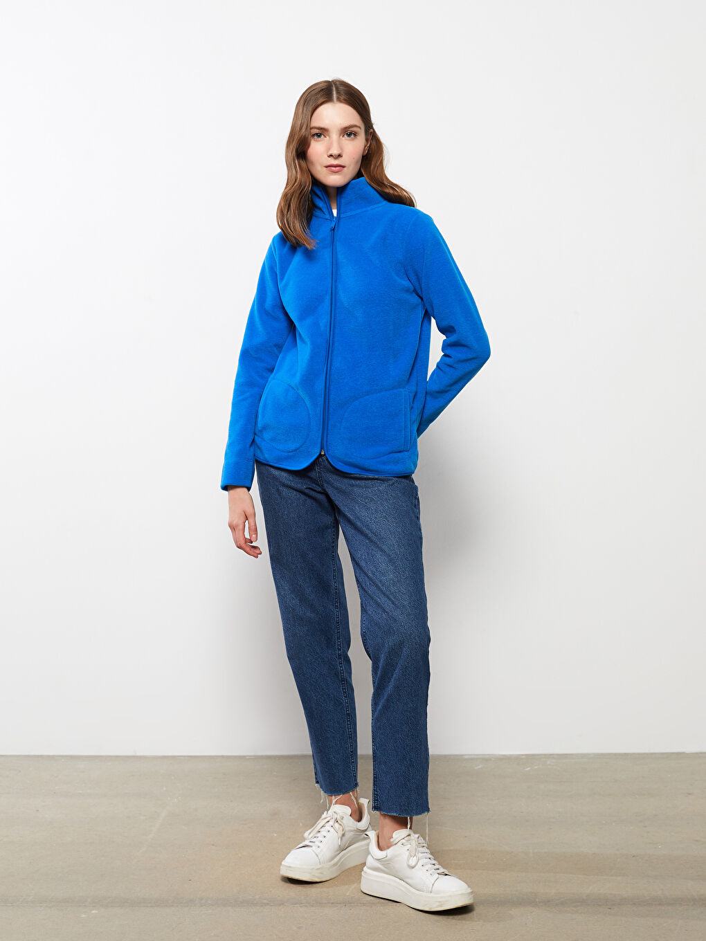 Mavi Dik Yaka Düz Uzun Kollu Polar Kadın Spor Hırka-2