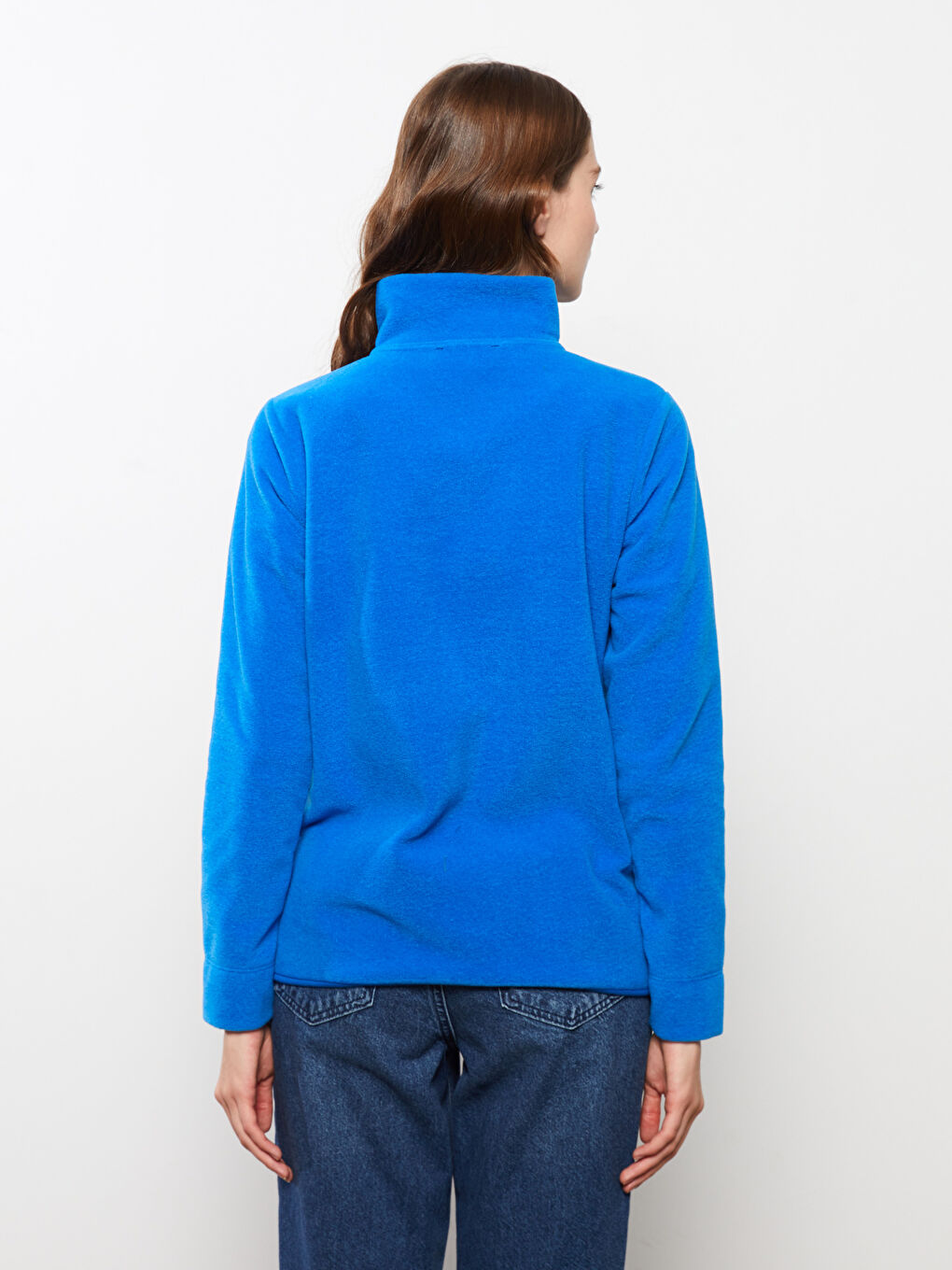 Mavi Dik Yaka Düz Uzun Kollu Polar Kadın Spor Hırka-4