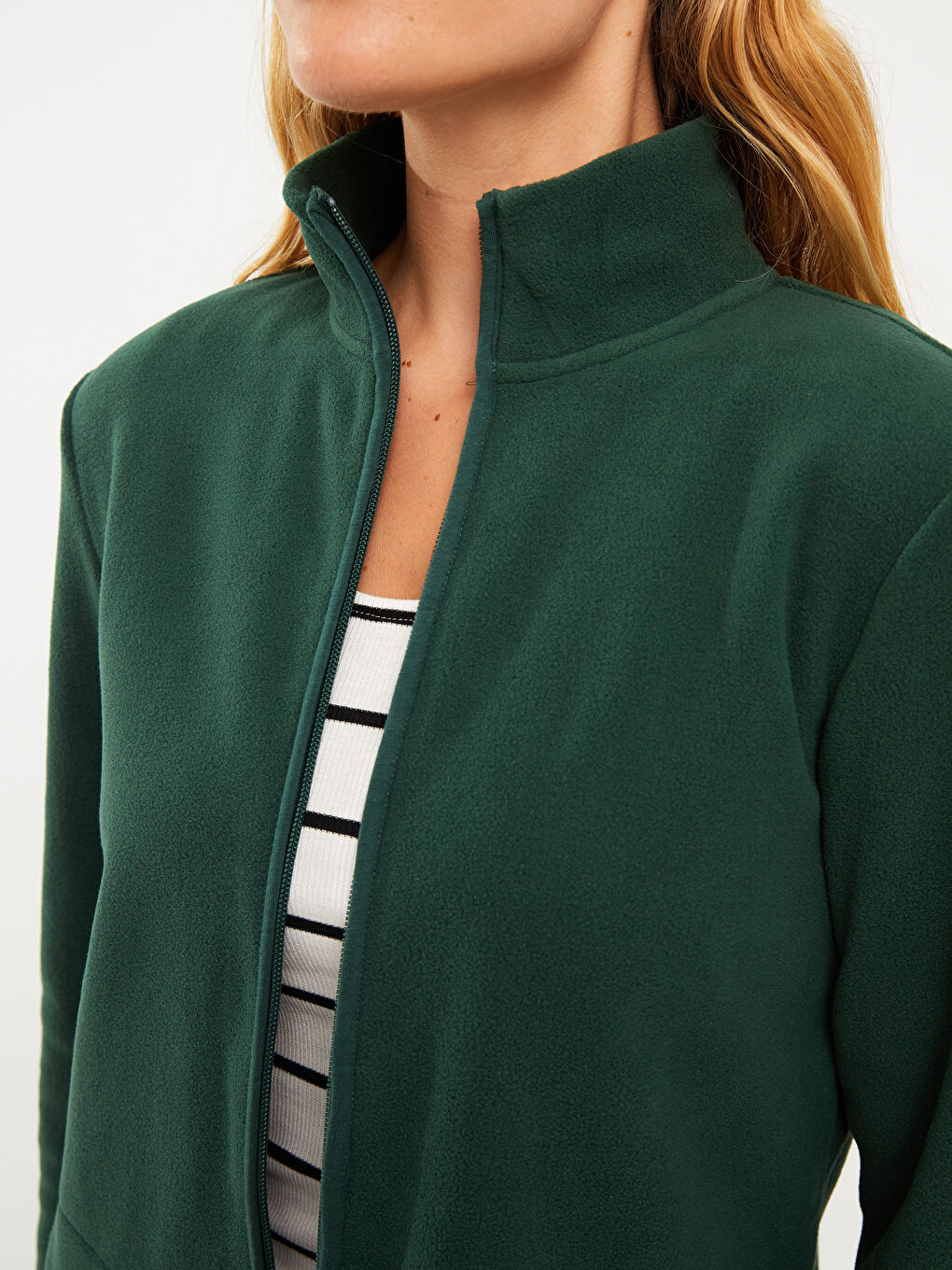 Yeşil Dik Yaka Düz Uzun Kollu Polar Kadın Spor Hırka-3
