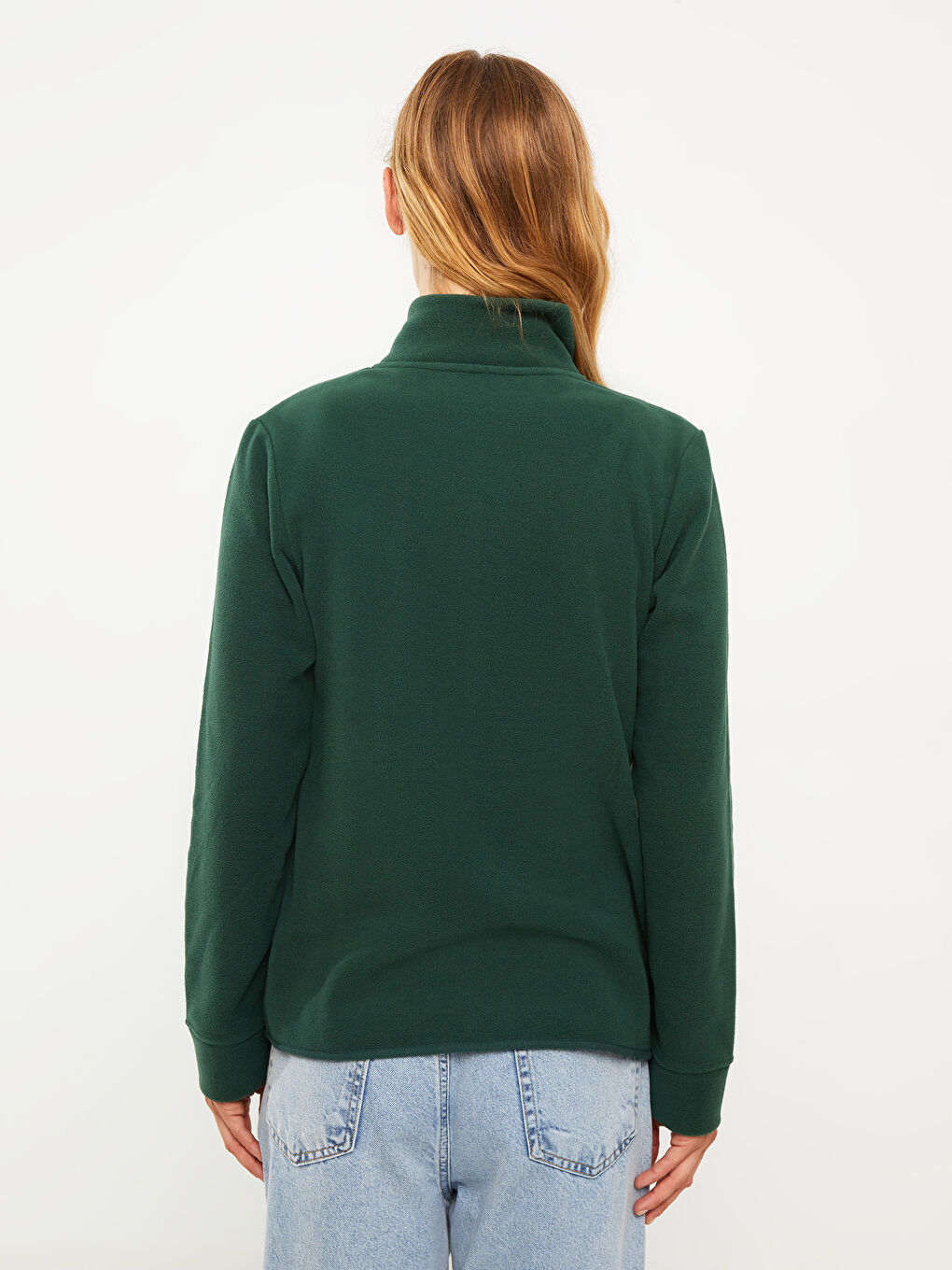 Yeşil Dik Yaka Düz Uzun Kollu Polar Kadın Spor Hırka-4