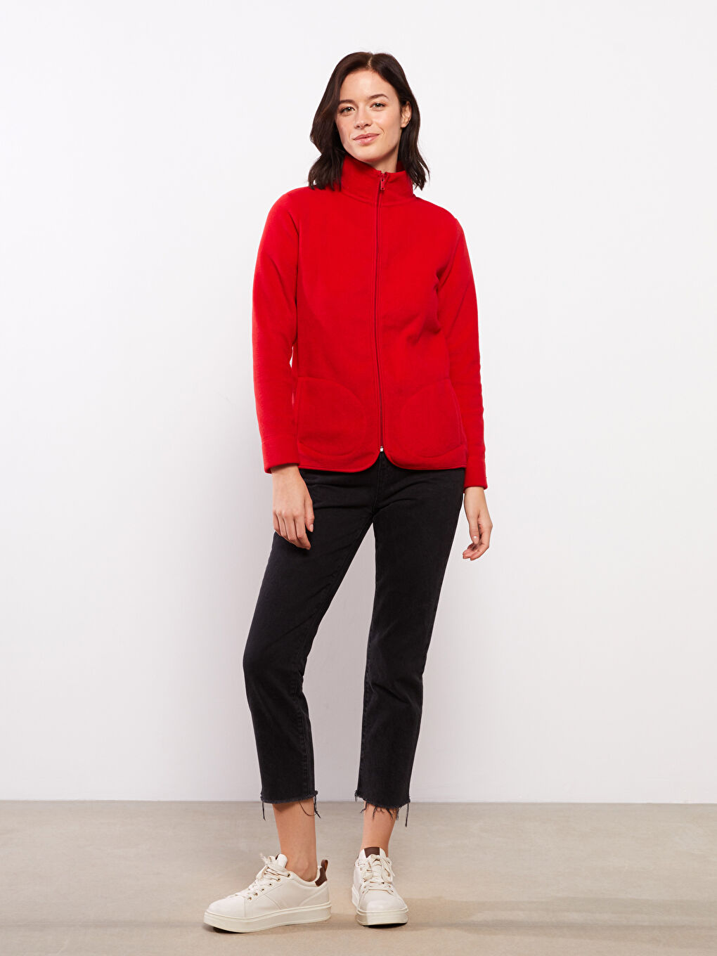 Kırmızı Dik Yaka Düz Uzun Kollu Polar Kadın Spor Hırka
