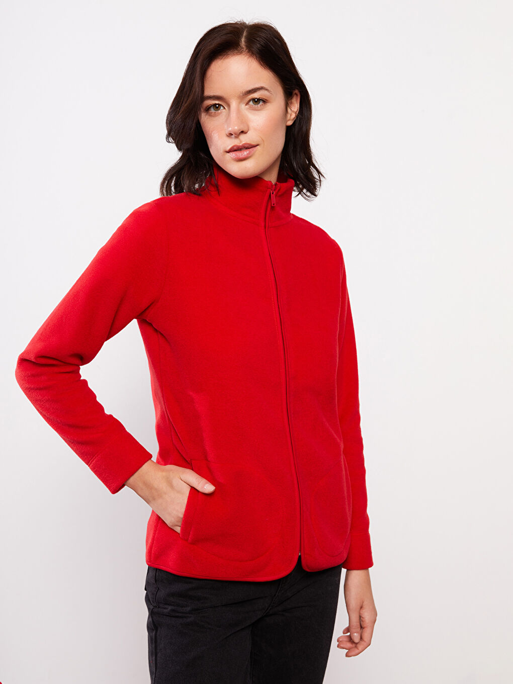 Kırmızı Dik Yaka Düz Uzun Kollu Polar Kadın Spor Hırka-1
