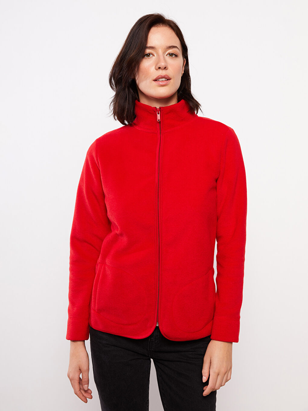 Kırmızı Dik Yaka Düz Uzun Kollu Polar Kadın Spor Hırka-2