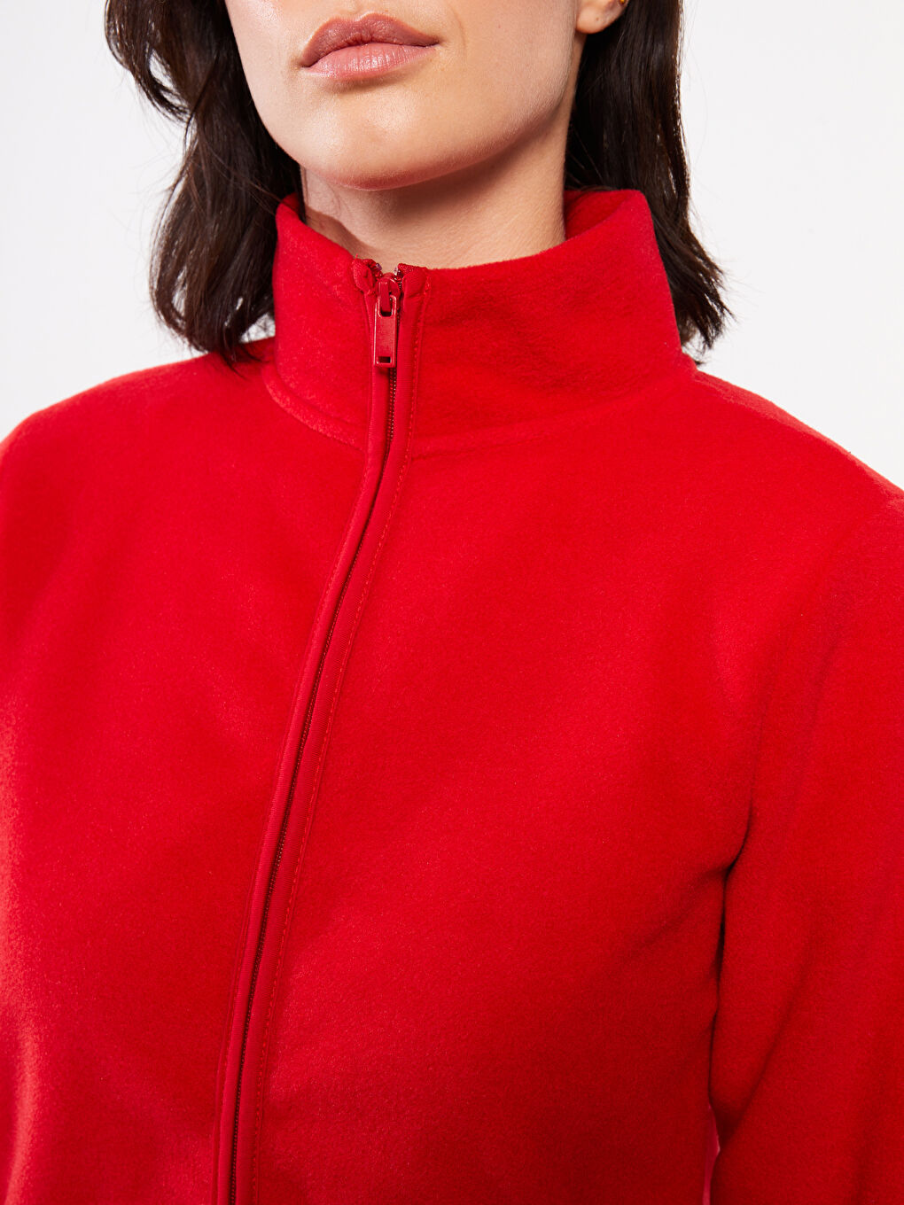 Kırmızı Dik Yaka Düz Uzun Kollu Polar Kadın Spor Hırka-3