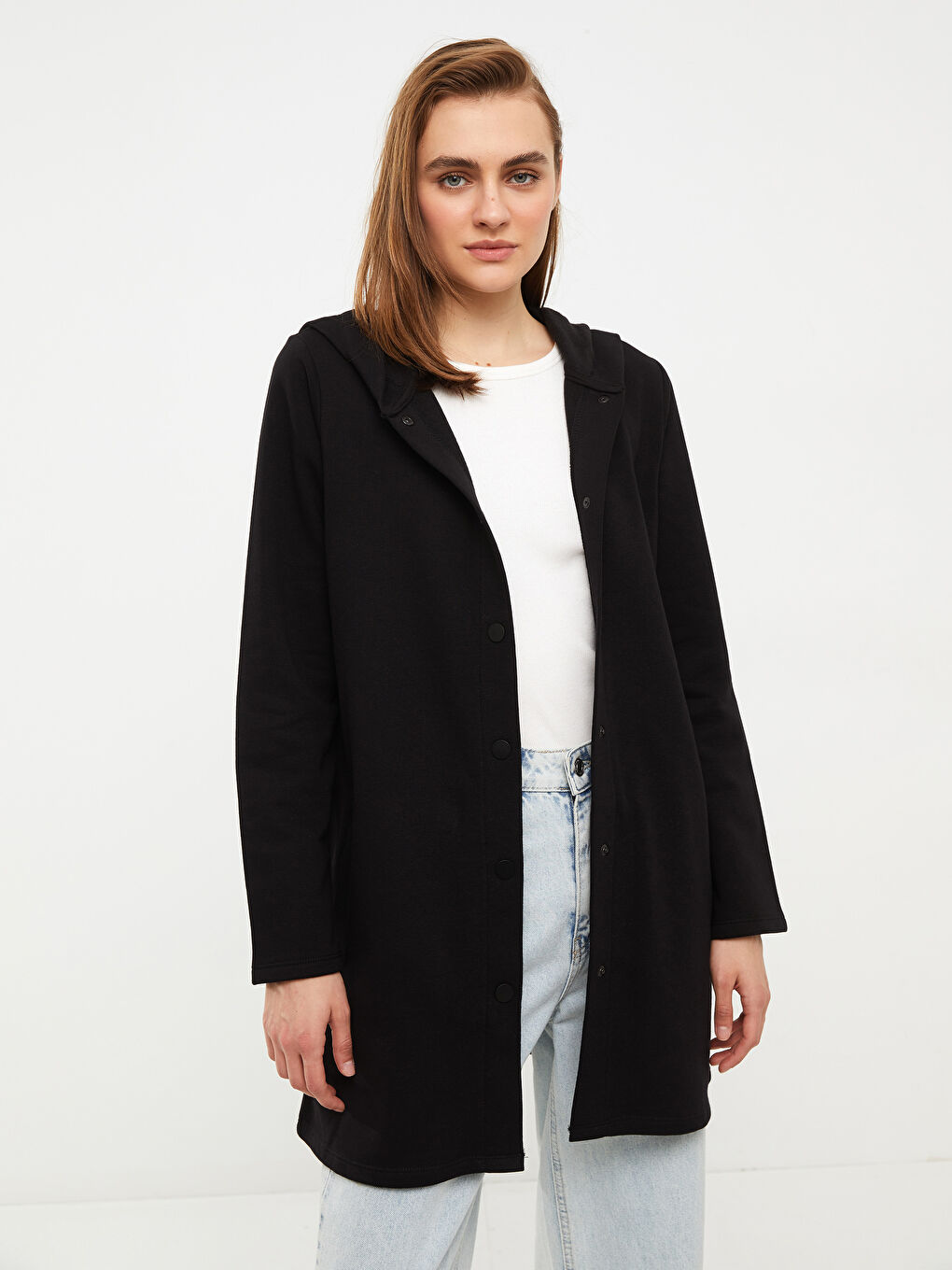 Siyah Kapüşonlu Düz Uzun Kollu Kadın Spor Hırka-2