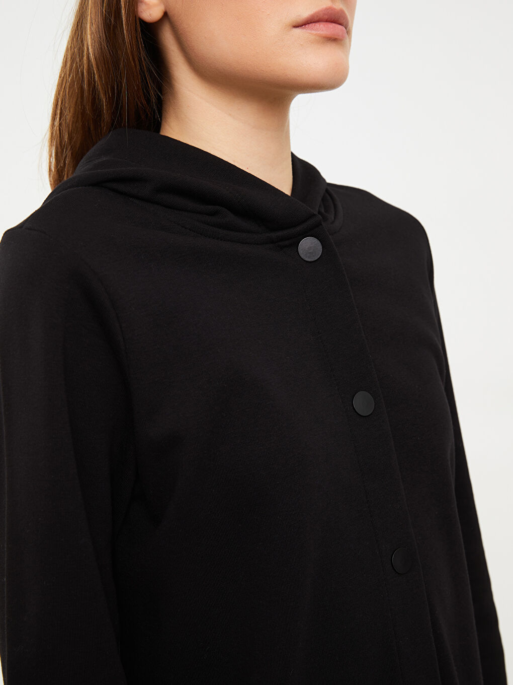 Siyah Kapüşonlu Düz Uzun Kollu Kadın Spor Hırka-3