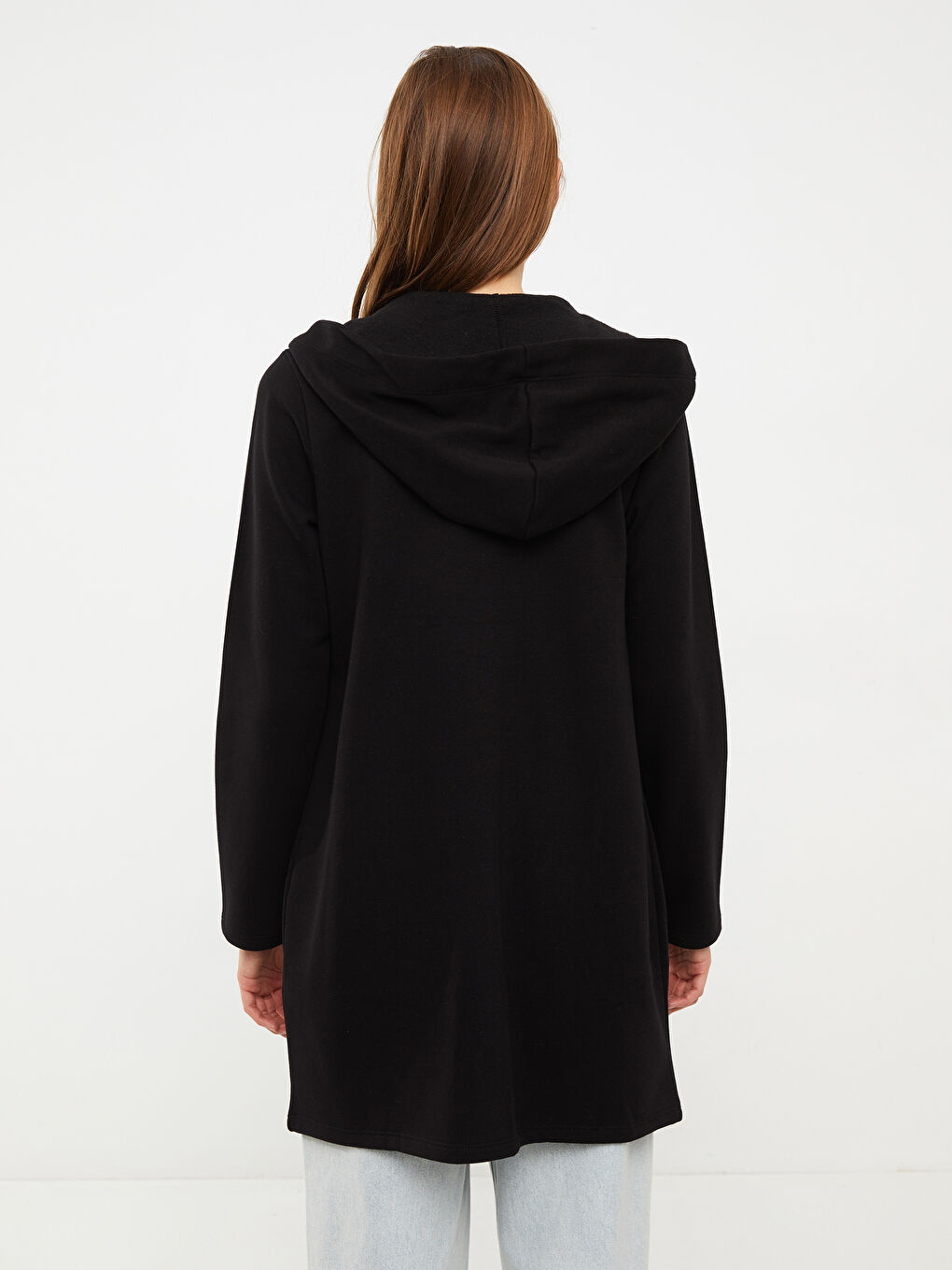 Siyah Kapüşonlu Düz Uzun Kollu Kadın Spor Hırka-4