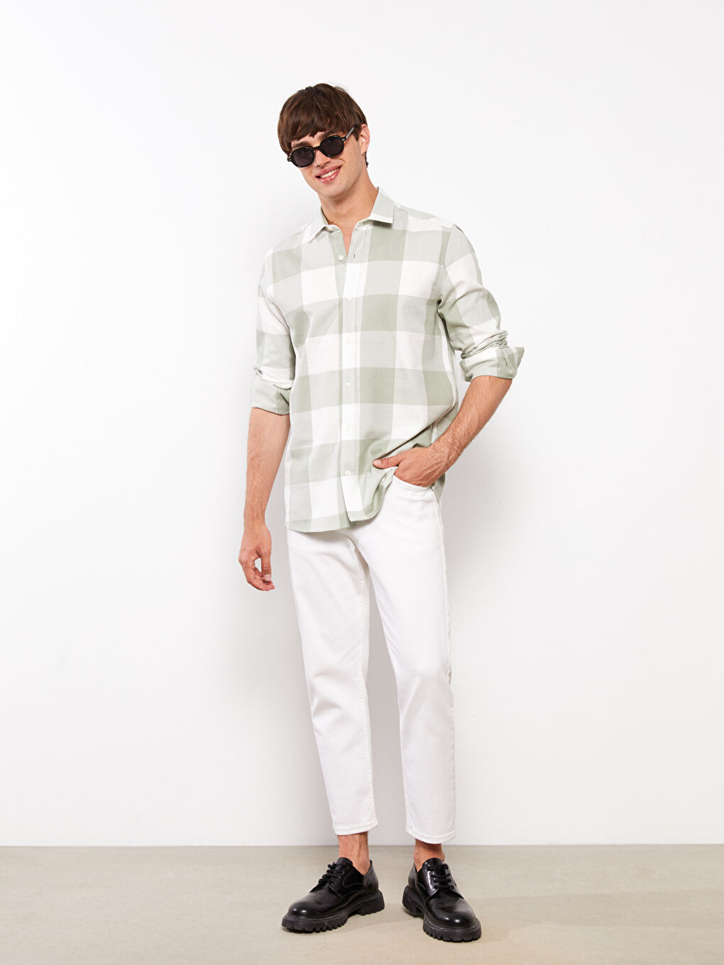 Yeşil Regular Fit Uzun Kollu Ekose Erkek Oduncu Gömlek