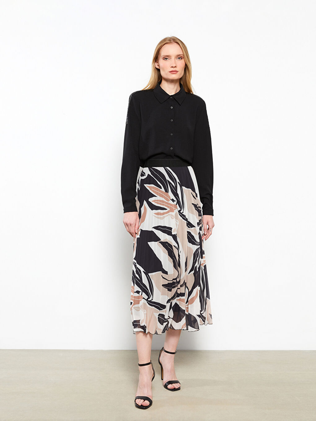 Elasticated Waist Patterned Pleated Chiffon Women's Skirt