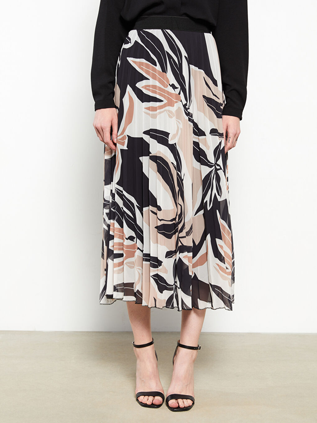 Elasticated Waist Patterned Pleated Chiffon Women's Skirt-2