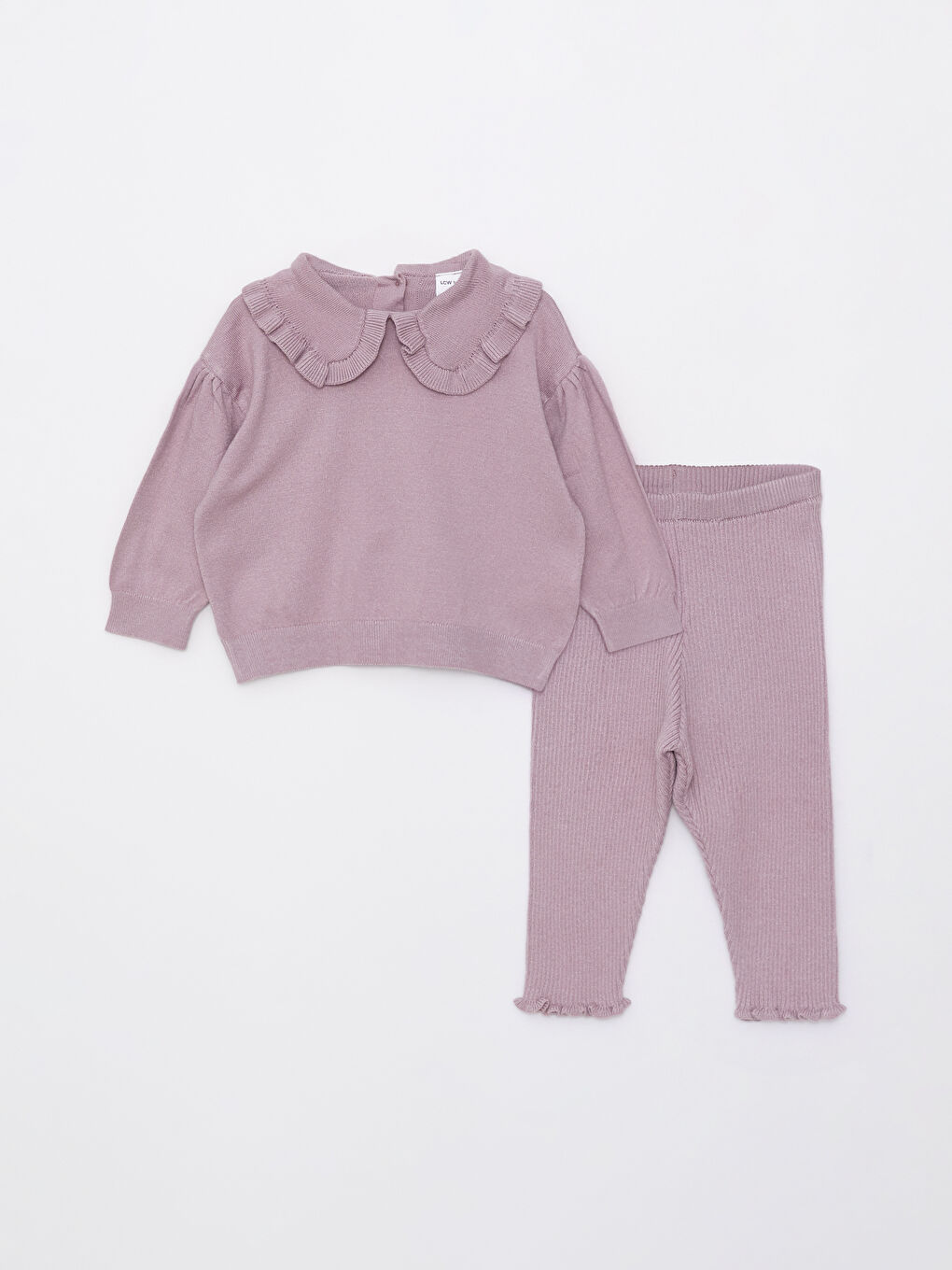 Set Bebelușă Basic cu Guler și Mânecă Lungă, Pulover Tricot și Pantaloni, 2 Bucăți