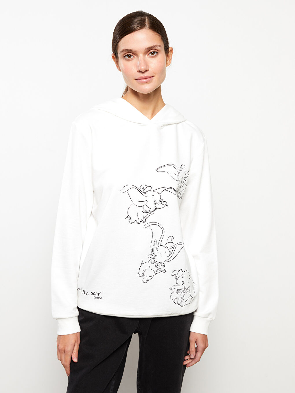 Ekru Kapüşonlu Dumbo Baskılı Uzun Kollu Kadın Sweatshirt Anne Kız Kombini-2