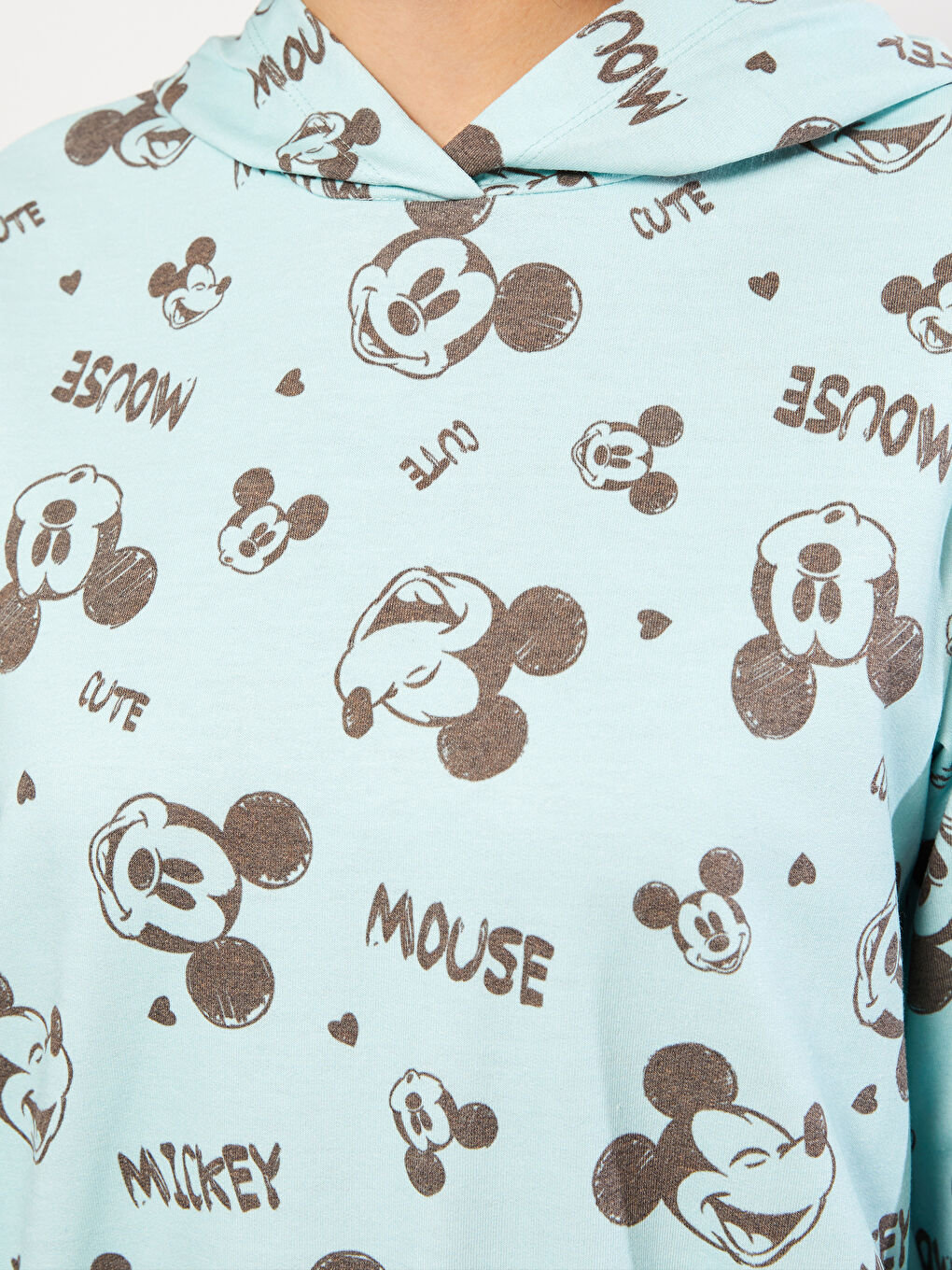 LCW Casual Yeşil Kapüşonlu Mickey Mouse Baskılı Uzun Kollu Kadın Sweatshirt Anne Kız Kombini - 3