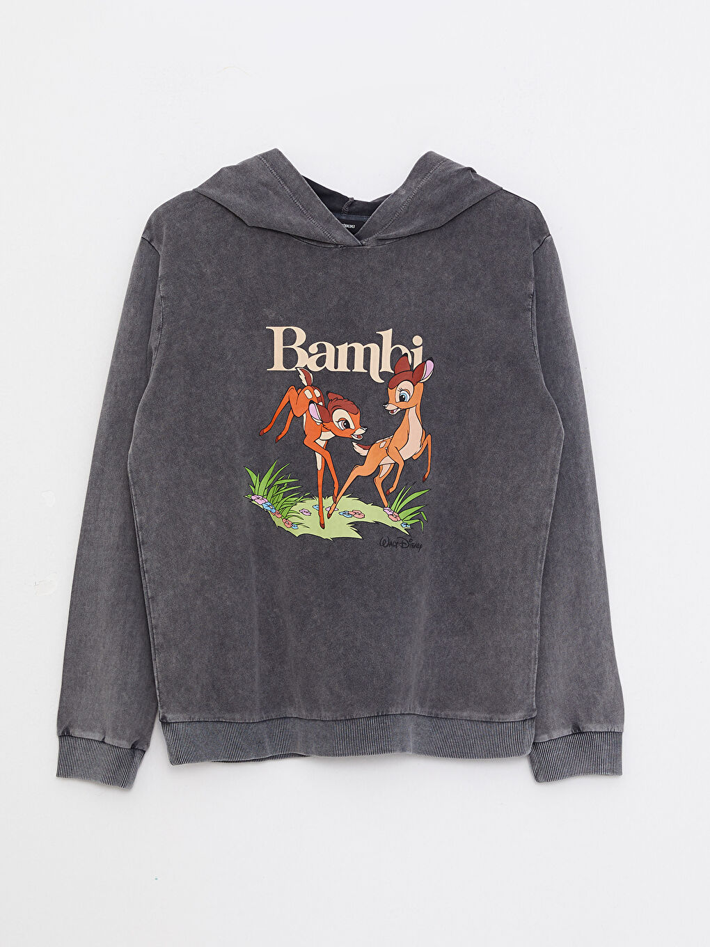 LCW Casual Antrasit Yıkamalı Kapüşonlu Bambi Baskılı Uzun Kollu Kadın Sweatshirt Anne Kız Kombini - 6