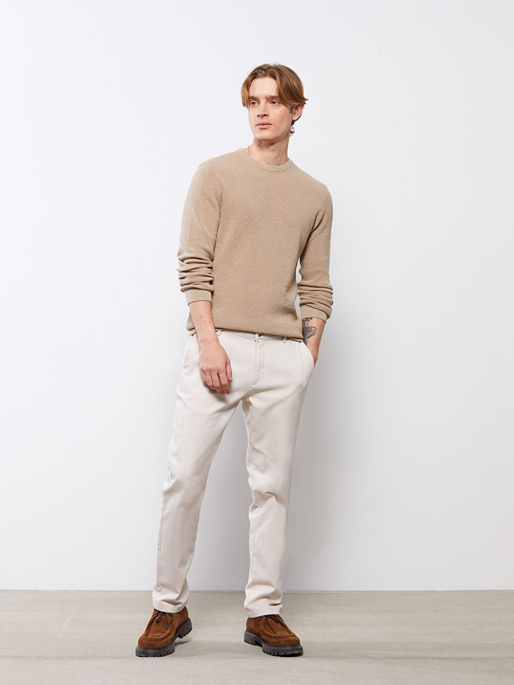 Bej Bisiklet Yaka Erkek Triko Kazak