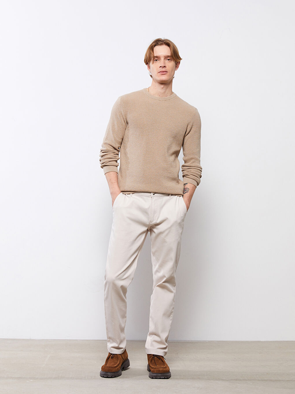 Bej Bisiklet Yaka Erkek Triko Kazak-1