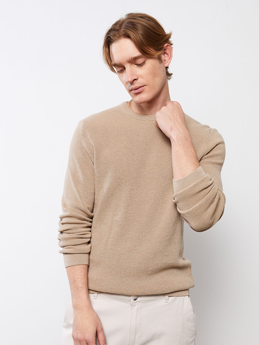 Bej Bisiklet Yaka Erkek Triko Kazak-2