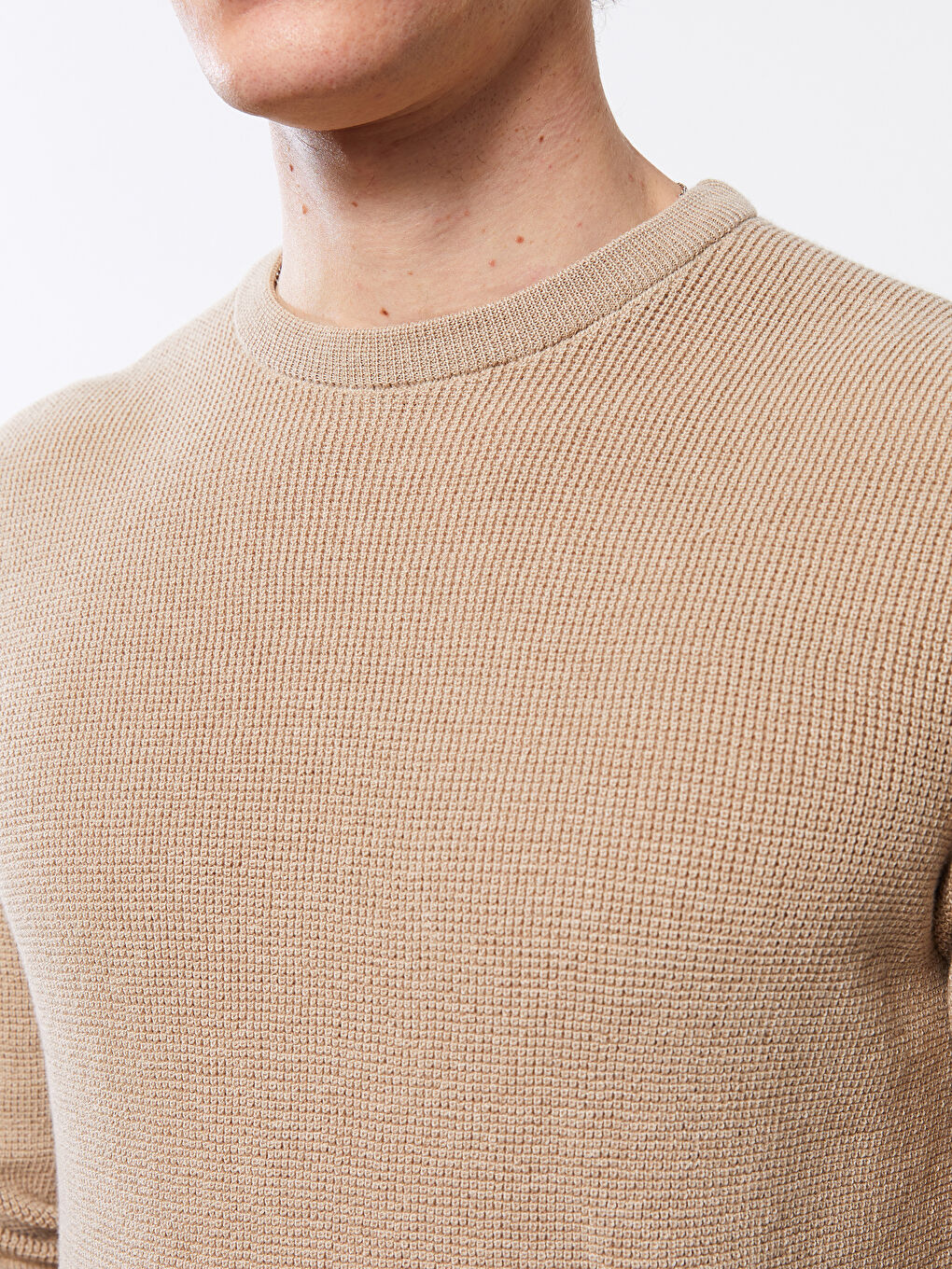 Bej Bisiklet Yaka Erkek Triko Kazak-3