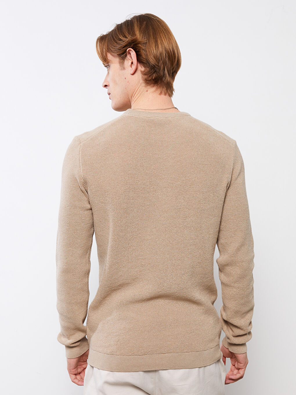 Bej Bisiklet Yaka Erkek Triko Kazak-4