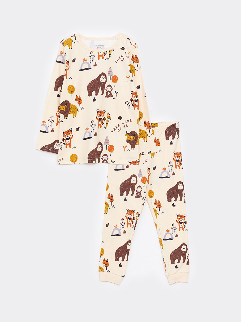 Bej Bisiklet Yaka Uzun Kollu Baskılı Erkek Bebek Pijama Takım