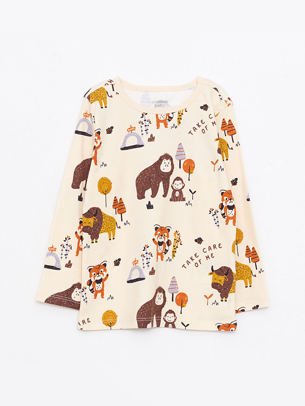 Bej Bisiklet Yaka Uzun Kollu Baskılı Erkek Bebek Pijama Takım-1